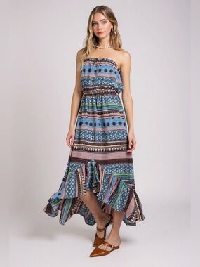 Gabby Sky Blue Mixed Print Button Detailed Tube Midi Dress Strapless Maxi Dress